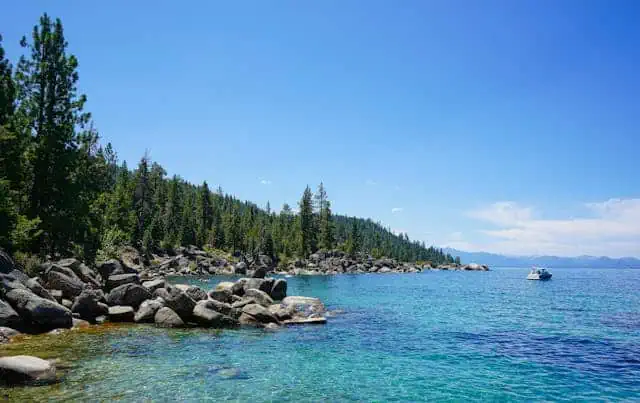 Scenic lake with clear water and rocky shoreline